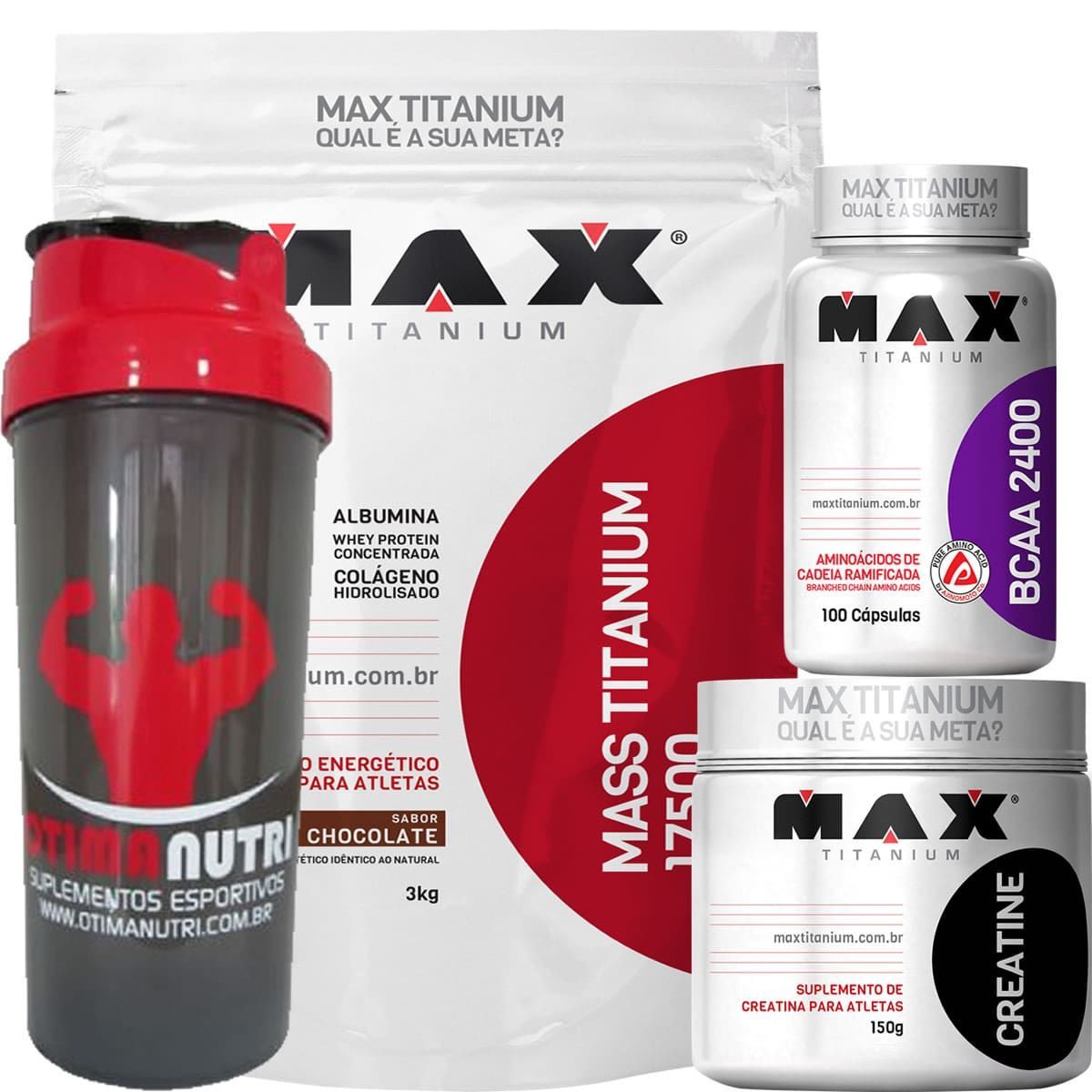 Combo Mass Titanium 3Kg Chocolate + Bcaa 100 Caps + Creatina 150g + Coque - Max Titanium