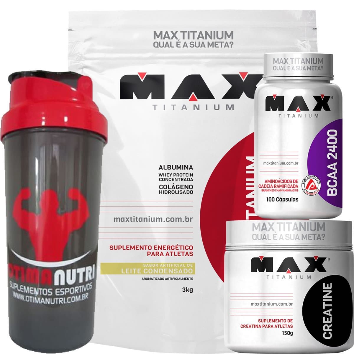 Combo Mass Titanium 3Kg Leite Condensado + Bcaa 100 Caps + Creatina 150g + Coque - Max Titanium