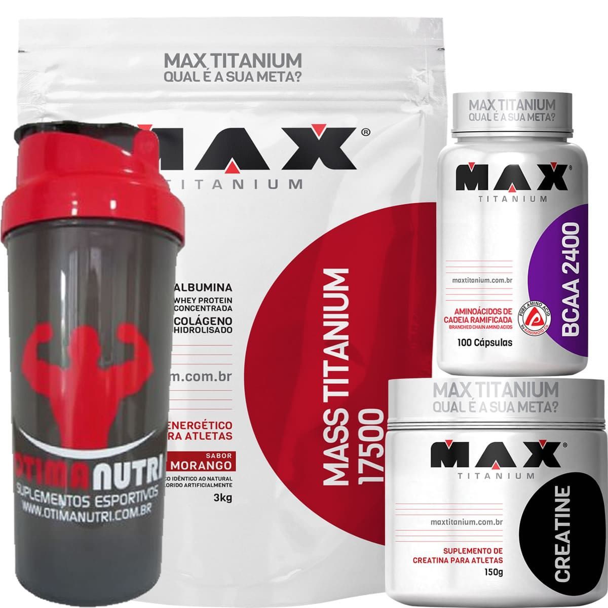Combo Mass Titanium 3Kg Morango + Bcaa 100 Caps + Creatina 150g + Coque - Max Titanium