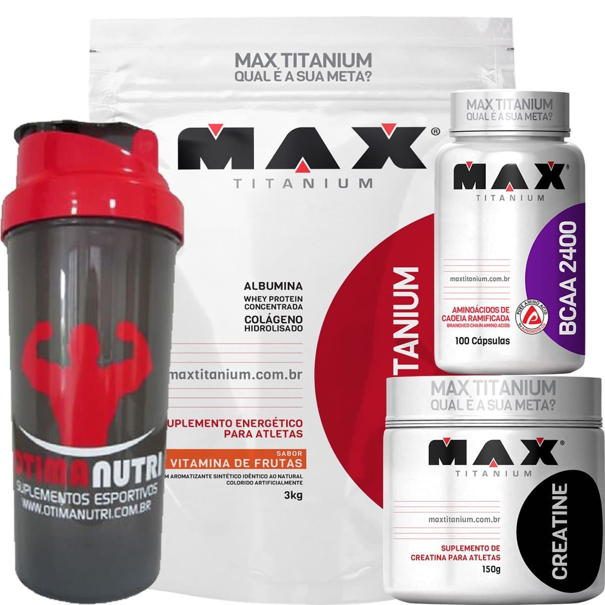 Combo Mass Titanium 3Kg Vit. Frutas + Bcaa 100 Caps + Creatina 150g + Coque - Max Titanium