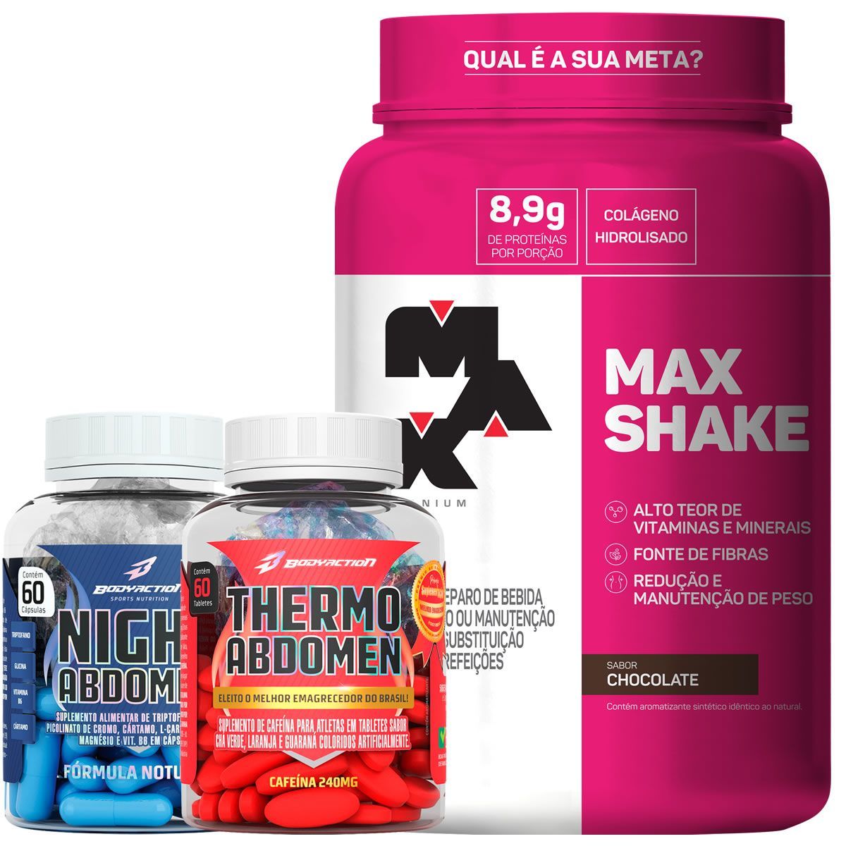 Combo Max Shake 400g Chocolate + Thermo Abdomen + Night Abdomen - Bodyaction