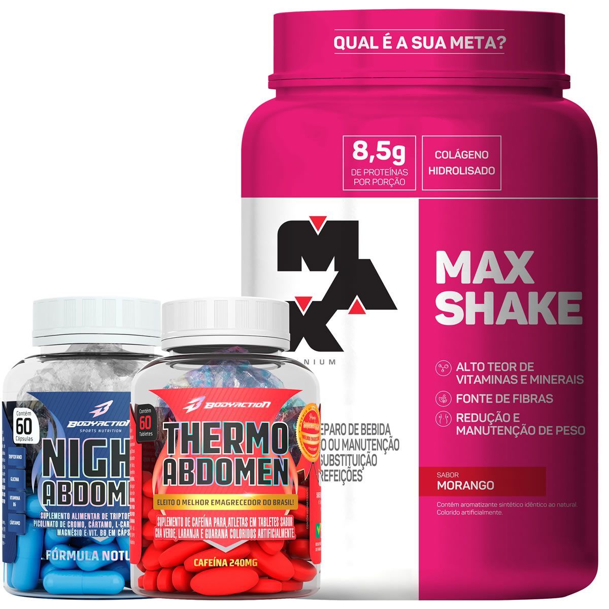 Combo Max Shake 400g Morango + Thermo Abdomen + Night Abdomen - Bodyaction