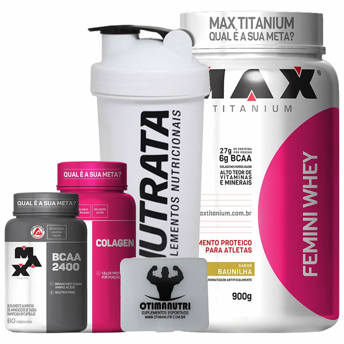 Combo Mulher Femini Whey 900g Baunilha + BCAA + Colageno + Porta Caps + Coqueteleira - Max Titanium