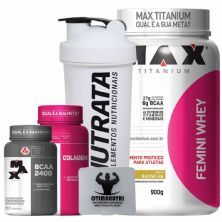 Combo Mulher Femini Whey 900g Baunilha + BCAA + Colageno + Porta Caps + Coqueteleira - Max Titanium