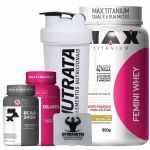 Combo Mulher Femini Whey 900g Baunilha + BCAA + Colageno + Porta Caps + Coqueteleira - Max Titanium