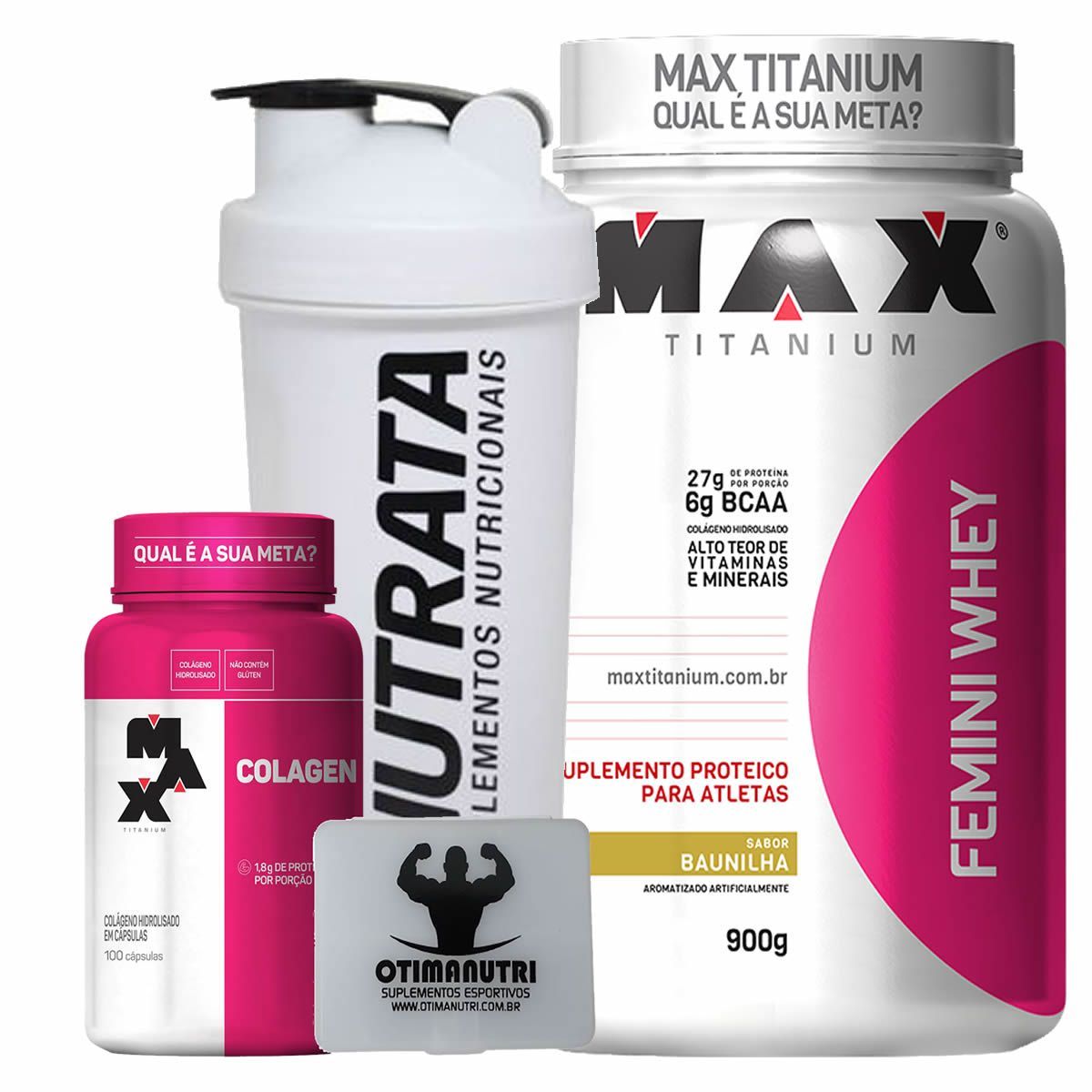 Combo Mulher Femini Whey 900g Baunilha + Colageno + Porta Caps + Coqueteleira - Max Titanium