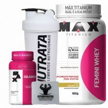Combo Mulher Femini Whey 900g Baunilha + Colageno + Porta Caps + Coqueteleira - Max Titanium