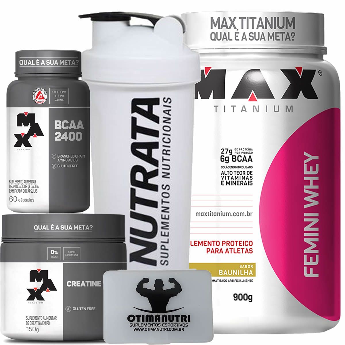 Combo Mulher Femini Whey 900g Baunilha + Creatina 150g + BCAA + Porta Caps + Coqueteleira - Max Titanium
