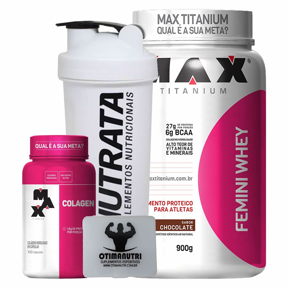 Combo Mulher Femini Whey 900g Chocolate + Colageno + Porta Caps + Coqueteleira - Max Titanium