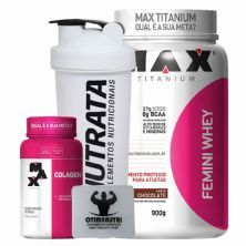 Combo Mulher Femini Whey 900g Chocolate + Colageno + Porta Caps + Coqueteleira - Max Titanium