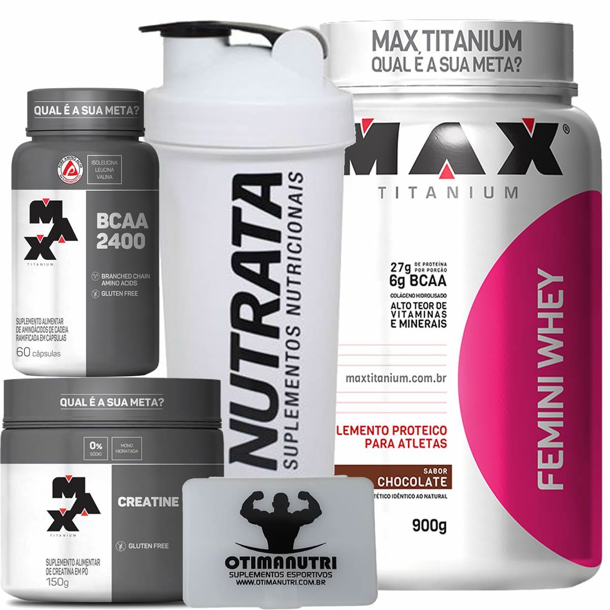 Combo Mulher Femini Whey 900g Chocolate + Creatina 150g + BCAA + Porta Caps + Coqueteleira - Max Titanium