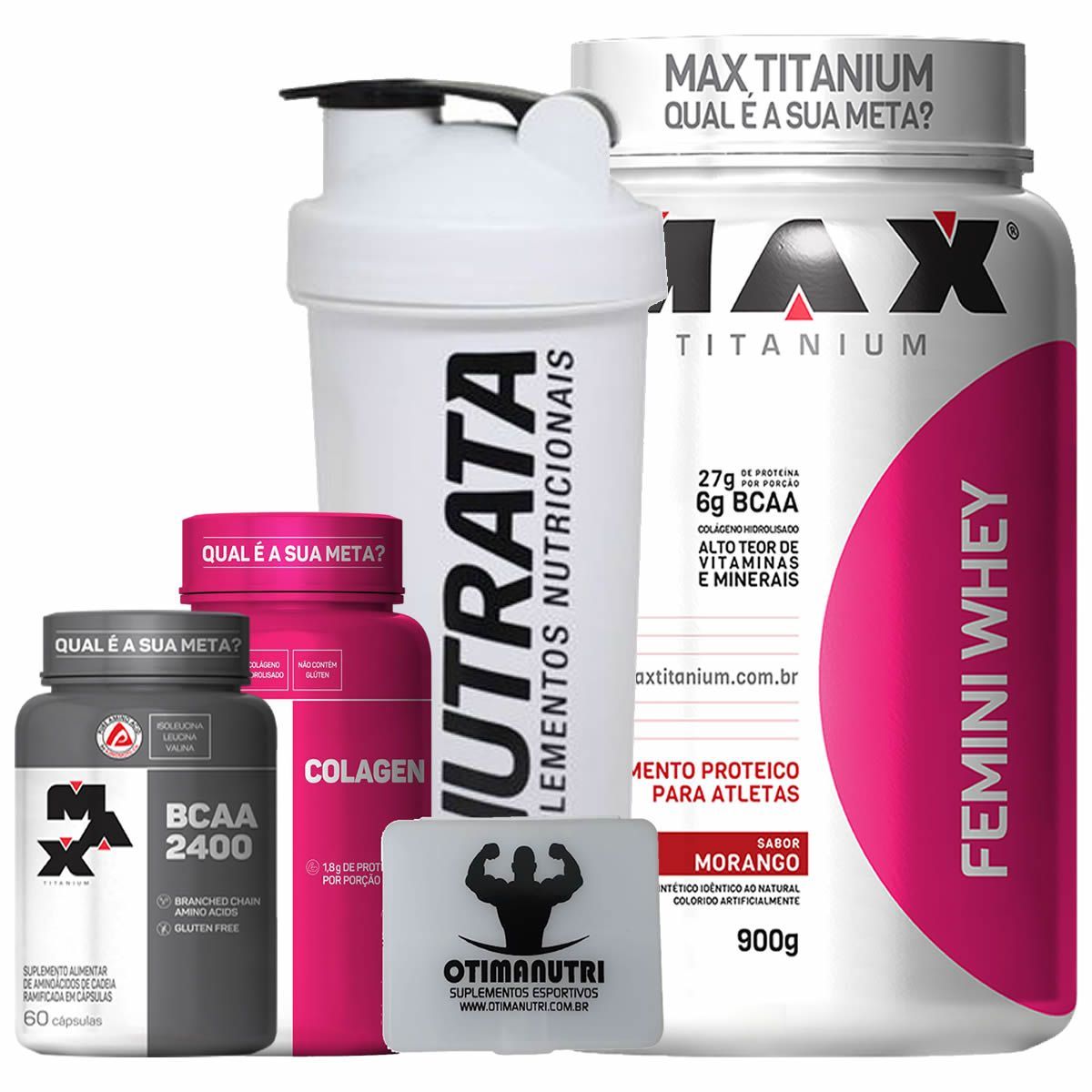 Combo Mulher Femini Whey 900g Morango + BCAA + Colageno + Porta Caps + Coqueteleira - Max Titanium