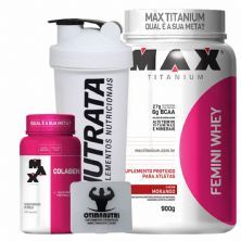 Combo Mulher Femini Whey 900g Morango + Colageno + Porta Caps + Coqueteleira - Max Titanium