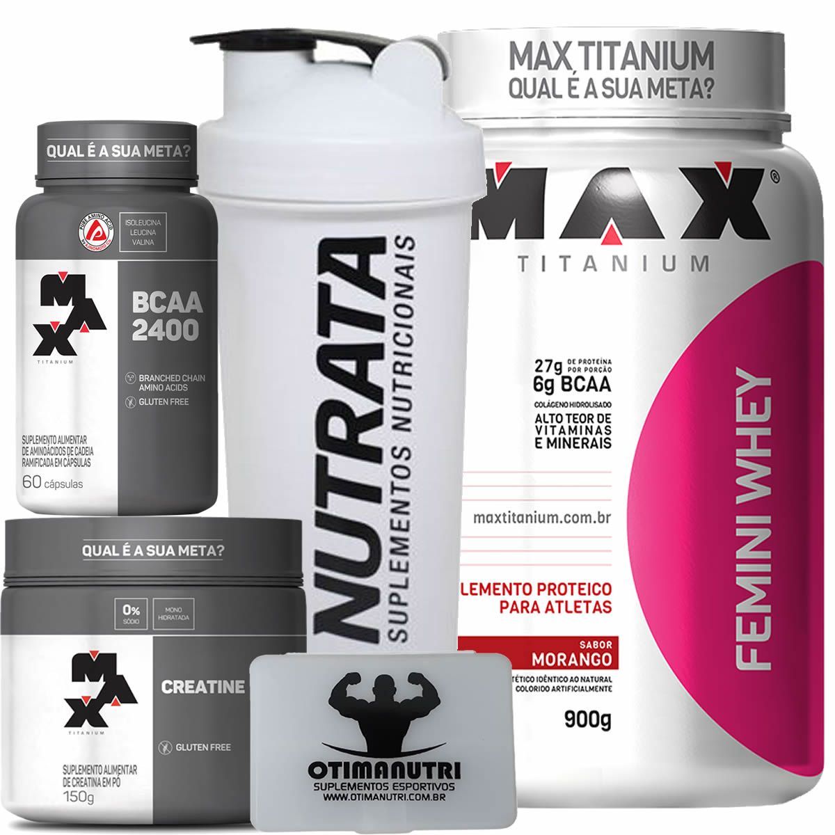 Combo Mulher Femini Whey 900g Morango + Creatina 150g + BCAA + Porta Caps + Coqueteleira - Max Titanium