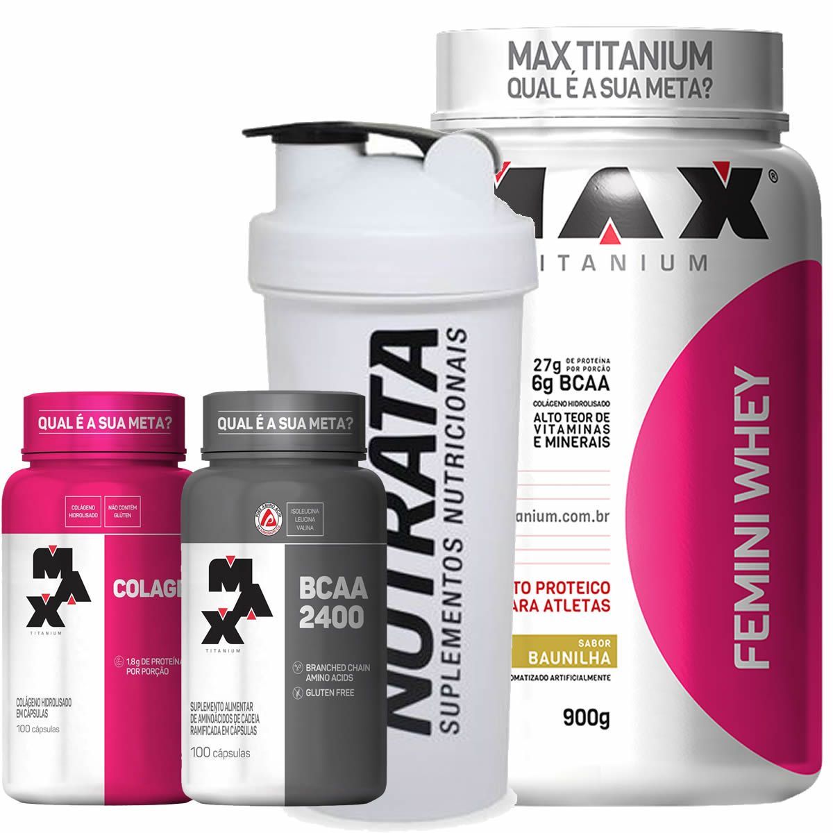 Combo Mulher - Femini Whey Baunilha + Colageno + Bcaa + Coqueteleira - Max Titanium