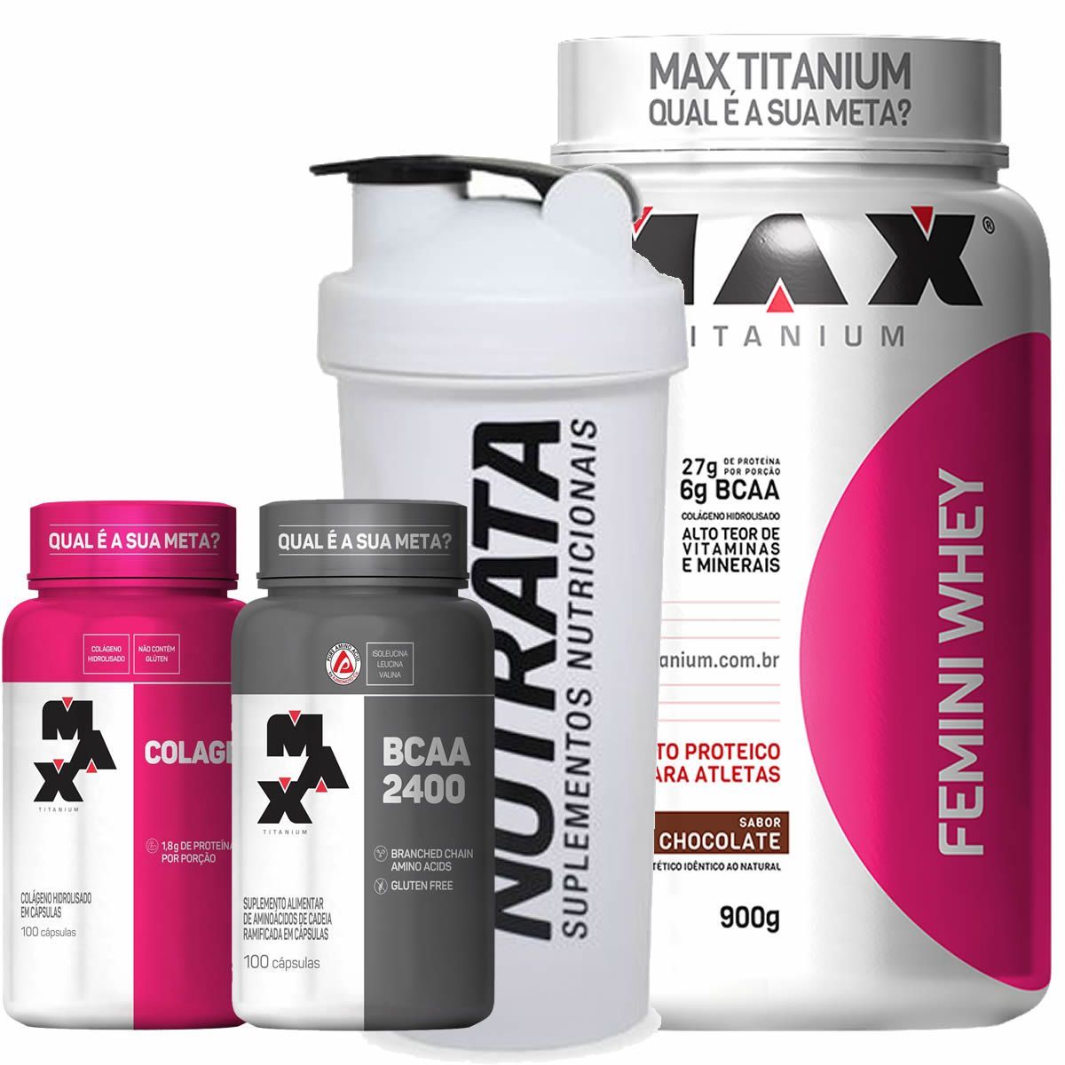 Combo Mulher - Femini Whey Chocolate + Colageno + Bcaa + Coqueteleira - Max Titanium