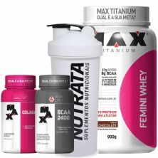 Combo Mulher - Femini Whey Chocolate + Colageno + Bcaa + Coqueteleira - Max Titanium