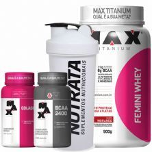 Combo Mulher - Femini Whey Morango + Colageno + Bcaa + Coqueteleira - Max Titanium