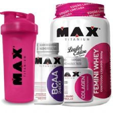 Combo Mulher - Femini Whey Pa�oca + Colageno + Bcaa + Coqueteleira - Max Titanium