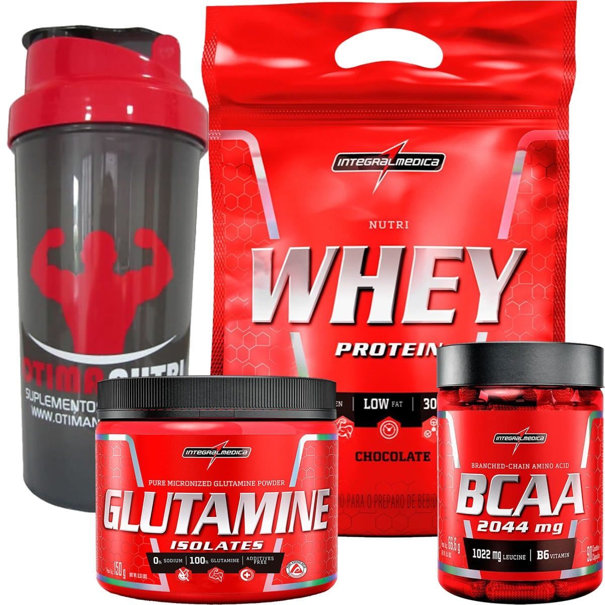 Combo Nutri Whey 907g Chocolate + BCAA 90 caps + Glutamina 150g + Coque - Integralm�dica