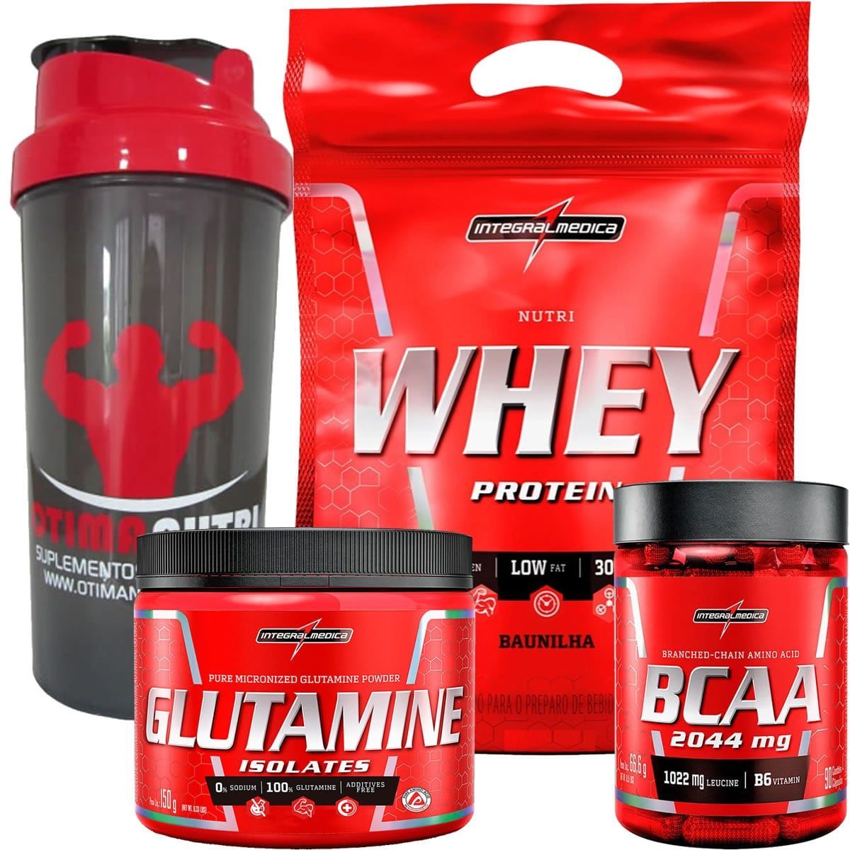 Combo Nutri Whey Refil 907g Baunilha + BCAA 90 caps + Glutamina 150g + Coque - Integralm�dica