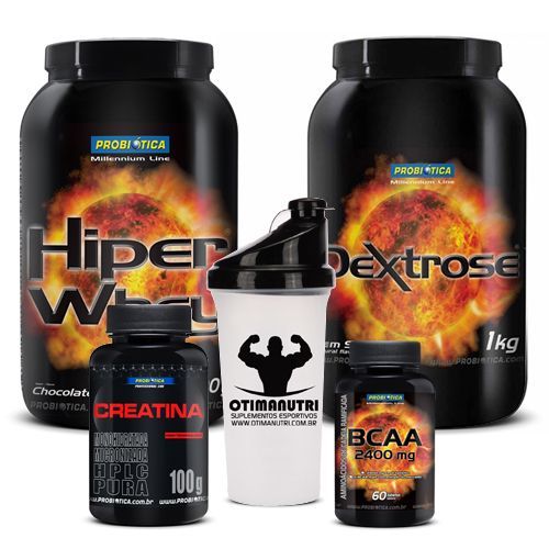 Combo Probi�tica Whey + Bcaa + Creatina + Dextrose + Coqueteleira de Brinde
