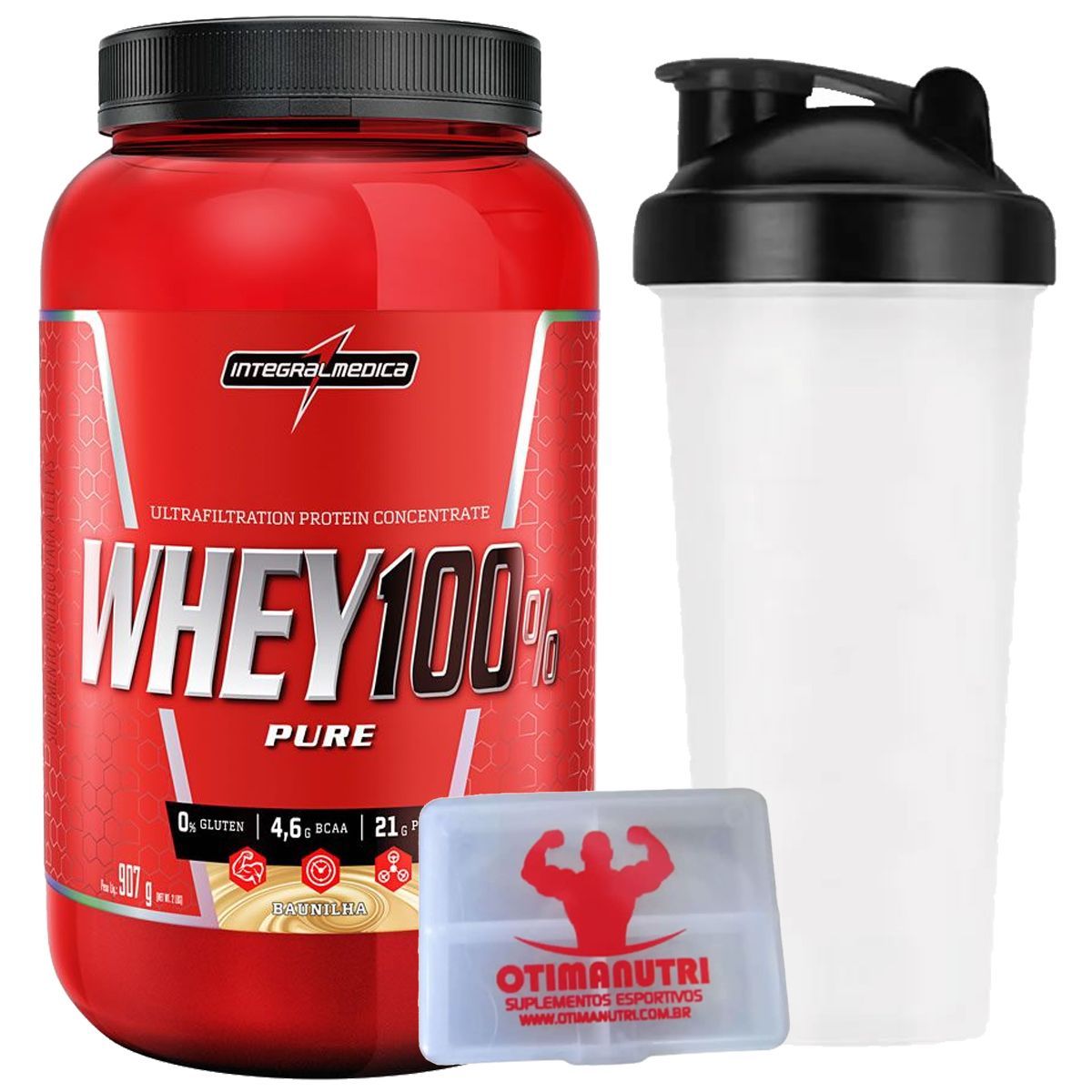 Combo Super Whey Baunilha 907g + Coqueteleira + Porta Caps - Integralm�dica