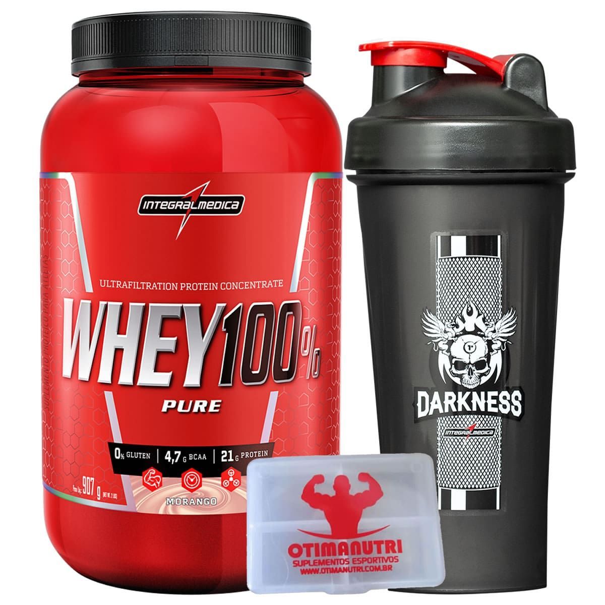 Combo Super Whey Morango 907g + Coqueteleira + Porta Caps - Integralm�dica