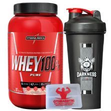 Combo Super Whey Morango 907g + Coqueteleira + Porta Caps - Integralm�dica