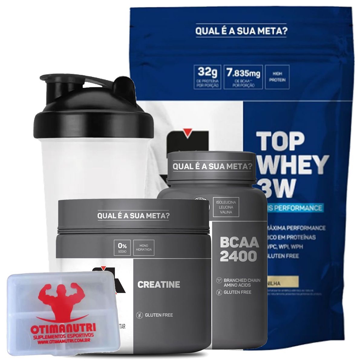 Combo Top Whey 1800g Baunilha + Creatina 150g + BCAA + Porta Caps + Coqueteleira - Max Titanium