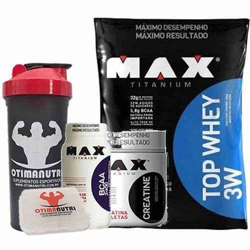 Combo Top Whey 1800g Vit de Frutas + Creatina 150g + BCAA + Porta Caps + Coqueteleira - Max Titanium