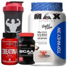 Combo Top Whey 900g Caf� com Leite + Bcaa 120 Tab + Creatina + Porta Caps + Coqueteleira - Max Titanium