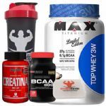 Combo Top Whey 900g Caf� com Leite + Bcaa 120 Tab + Creatina + Porta Caps + Coqueteleira - Max Titanium