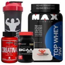 Combo Top Whey 900g Chocolate + Bcaa 120 Tab + Creatina + Porta Caps + Coqueteleira - Max Titanium