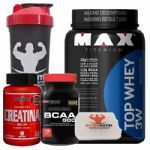 Combo Top Whey 900g Chocolate + Bcaa 120 Tab + Creatina + Porta Caps + Coqueteleira - Max Titanium
