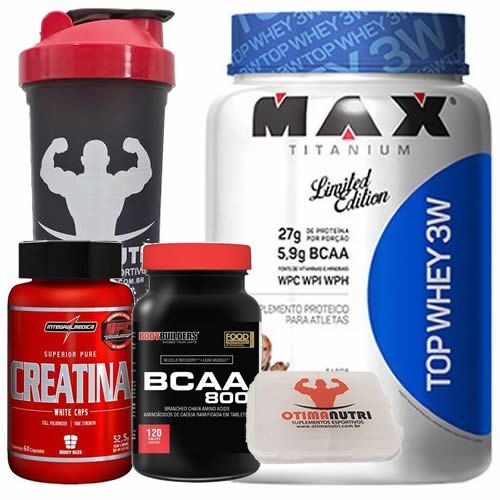 Combo Top Whey 900g Creme de Avel� + Bcaa 120 Tab + Creatina + Porta Caps + Coqueteleira - Max Titanium