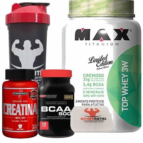 Combo Top Whey 900g Ma�a Verde + Bcaa 120 Tab + Creatina + Porta Caps + Coqueteleira - Max Titanium