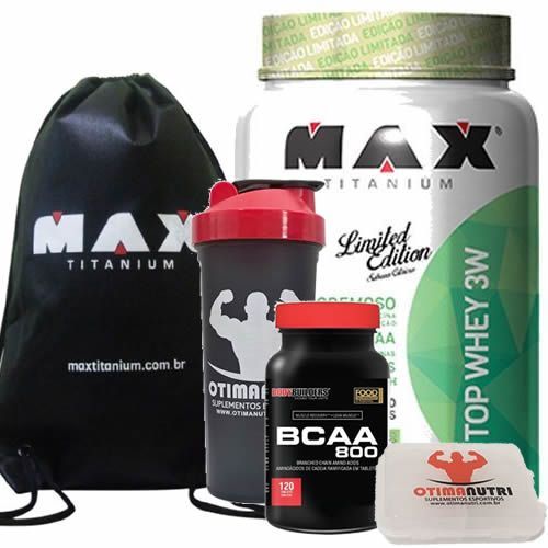 Combo Top Whey 900g Ma�a Verde + Bcaa 120 Tab + Porta Caps + Mochila + Coqueteleira - Max Titanium