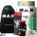 Combo Top Whey 900g Ma�a Verde + Bcaa 120 Tab + Porta Caps + Mochila + Coqueteleira - Max Titanium