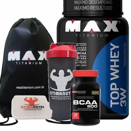 Combo Top Whey 900g Morango + Bcaa 120 Tab + Porta Caps + Mochila + Coqueteleira - Max Titanium
