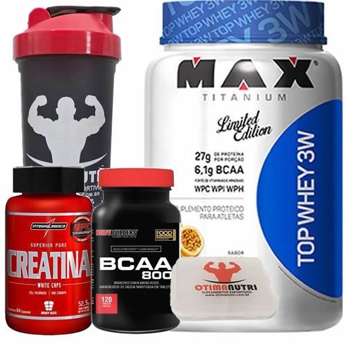 Combo Top Whey 900g Mouse Maracuj� + Bcaa 120 Tab + Creatina + Porta Caps + Coqueteleira - Max Titanium