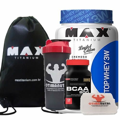 Combo Top Whey 900g Mouse Maracuj� + Bcaa 120 Tab + Porta Caps + Mochila + Coqueteleira - Max Titanium