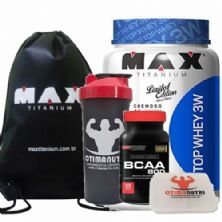 Combo Top Whey 900g Mouse Maracuj� + Bcaa 120 Tab + Porta Caps + Mochila + Coqueteleira - Max Titanium