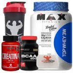Combo Top Whey 900g Suco de Laranja + Bcaa 120 Tab + Creatina + Porta Caps + Coqueteleira - Max Titanium
