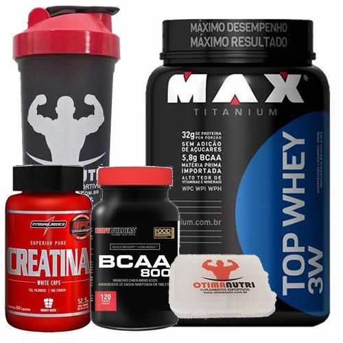 Combo Top Whey 900g Vit. Frutas + Bcaa 120 Tab + Creatina + Porta Caps + Coqueteleira - Max Titanium