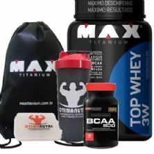 Combo Top Whey 900g Vit Frutas+ Bcaa 120 Tab + Porta Caps + Mochila + Coqueteleira - Max Titanium