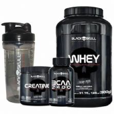 Combo - Whey 100% 900g Baunilha + Bcaa 30 Tabs + Creatine 150g + Coqueteleira 750ml - Black Skull