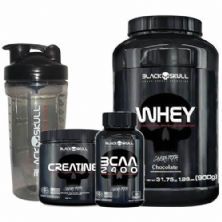 Combo - Whey 100% 900g Chocolate + Bcaa 30 Tabs + Creatine 150g + Coqueteleira 750ml - Black Skull