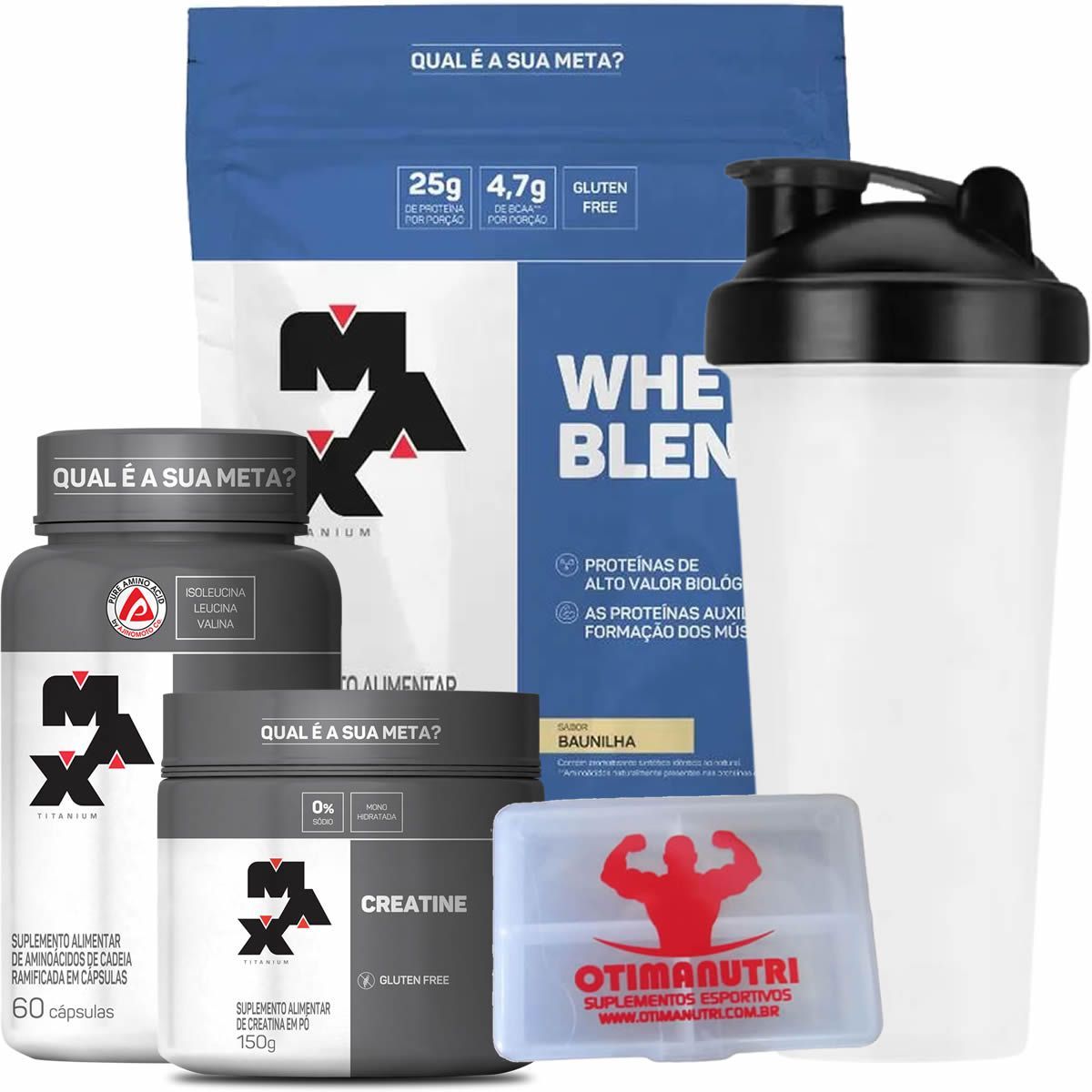 Combo - Whey Blend 2000g Baunilha + Creatina 150g + BCAA + Porta Caps + Coqueteleira - Max Titanium