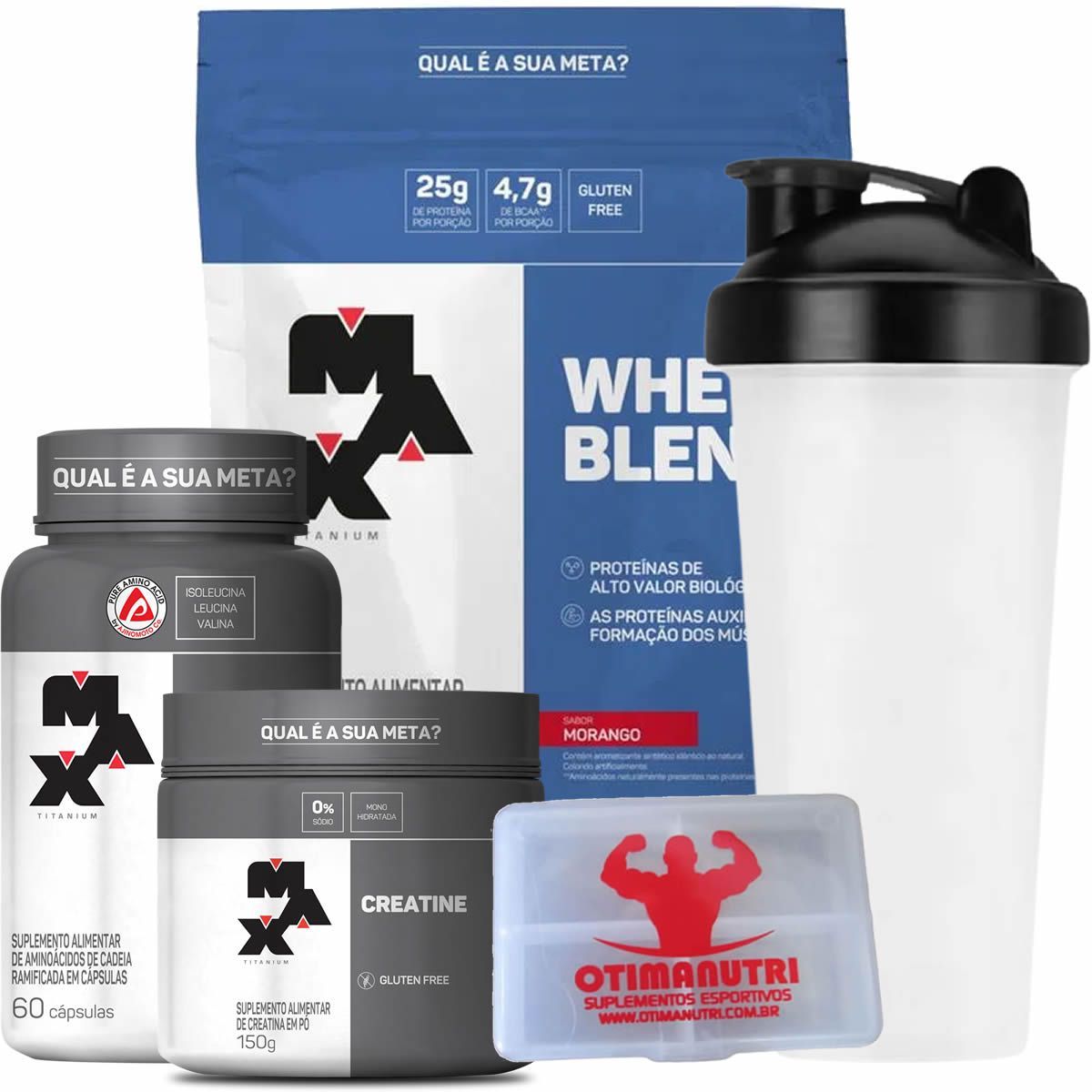 Combo - Whey Blend 2000g Morango + Creatina 150g + BCAA + Porta Caps + Coqueteleira - Max Titanium